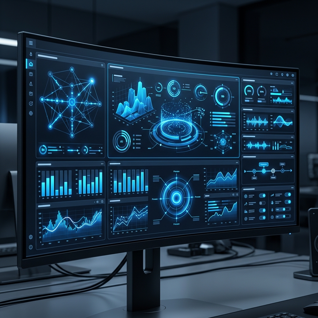 A sleek, futuristic dashboard interface for an AI automation platform, dark theme, glowing blue data visualizations, modern UI design, no text, high quality